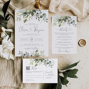 CHLOE - Wedding Invitation Template with QR Code, Boho Wedding Greenery Template, Eucalyptus Templett Invitation , Wedding Bundle