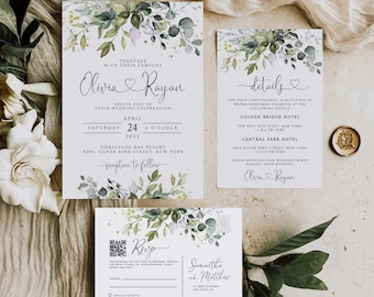 CHLOE - Bruiloft uitnodiging sjabloon met QR-code, Boho Wedding Greenery sjabloon, Eucalyptus Templett uitnodiging, bruiloft bundel