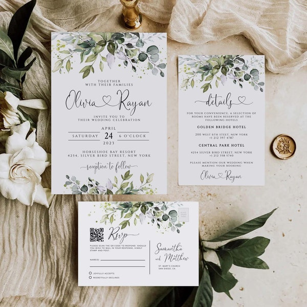 CHLOE - Wedding Invitation Template with QR Code, Boho Wedding Greenery Template, Eucalyptus Templett Invitation , Wedding Bundle