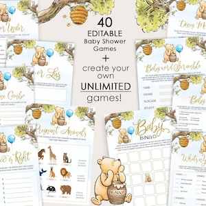 Winnie the Pooh Baby Shower Games – Editable Blue Balloon Canva Templates
