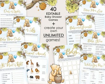 Winnie the Pooh Baby Shower Games – Editable Blue Balloon Canva Templates