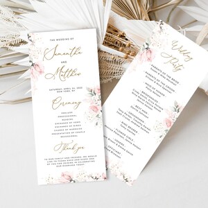 May include: Wedding ceremony program with floral design. The program lists the order of events for the ceremony, including the processional, readings, exchange of vows, and recessional. The program also includes the names of the wedding party.