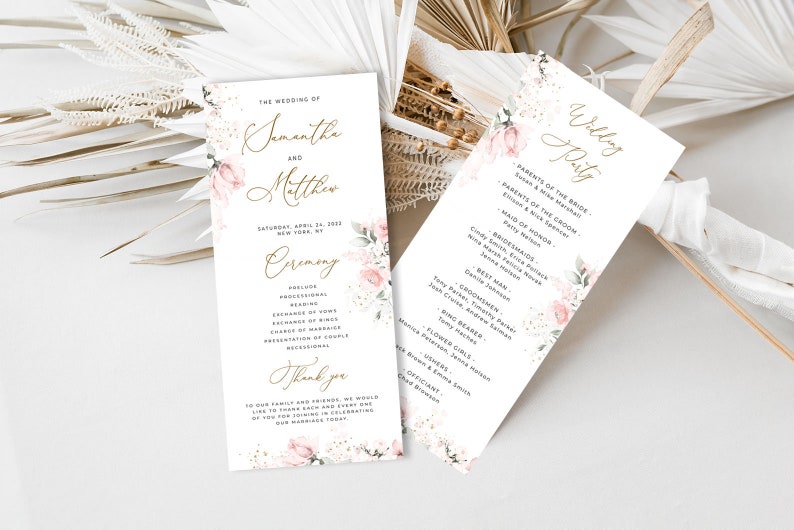 May include: Wedding ceremony program with floral design. The program lists the order of events for the ceremony, including the processional, readings, exchange of vows, and recessional. The program also includes the names of the wedding party.