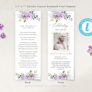 May include: A printable 2.5 x 7 inch funeral bookmark card template with a watercolor floral design in shades of purple and green. The front features a photo placeholder and the text "Celebrating the Life of" and the back features the text "Her Journey's Just Begun".