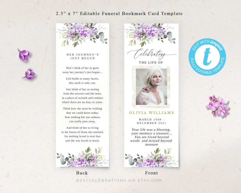 May include: A printable 2.5 x 7 inch funeral bookmark card template with a watercolor floral design in shades of purple and green. The front features a photo placeholder and the text "Celebrating the Life of" and the back features the text "Her Journey's Just Begun".