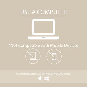 K&ouml;nnte beinhalten: Eine wei&szlig;e Grafik auf beigefarbenem Hintergrund, die einen Laptop mit dem Text "VERWENDEN SIE EINEN COMPUTER" dar&uuml;ber zeigt. Unter dem Laptop wird der Text "*Nicht kompatibel mit Mobilger&auml;ten" angezeigt. Zwei wei&szlig;e Kreise mit einem diagonalen Strich zeigen ein Tablet und ein Smartphone. Unter den Kreisen wird der Text "KOMPATIBEL MIT MAC ODER WINDOWS-COMPUTERN" angezeigt. Die Apple- und Windows-Logos werden unter dem Text angezeigt.