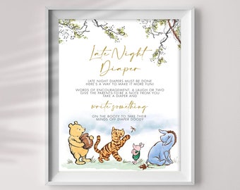Classique Winnie The Pooh Late Night Diapers Sign, Printable Diaper Game, Diaper Notes, Instant Download, 5x7, 8x10, CWG