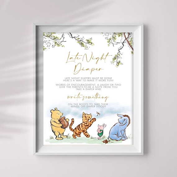 Classic Winnie the Pooh Late Night Diapers Sign, Printable Diaper