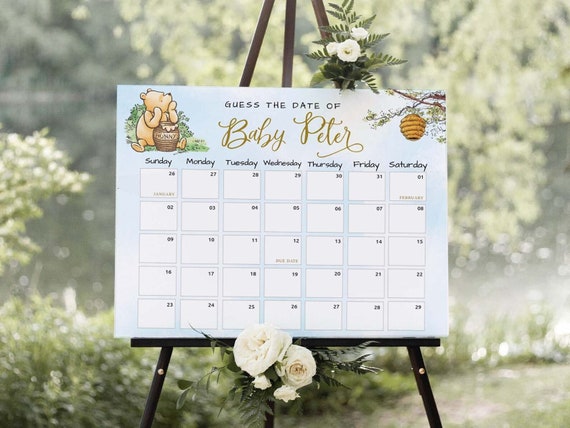 Winnie The Pooh Baby Shower Game: Due Date Calendar (Editable PDF)