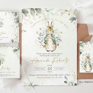 Pacchetto Baby Shower Peter Rabbit, Invito Peter Rabbit, Invito Baby Shower Verde Salvia, Modello Modificabile, #PR