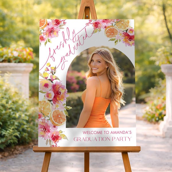 Freshly Graduated Welcome Sign, Citrus Graduation Party Photo Collage, Orange Canva Template, Instant Download  CB1