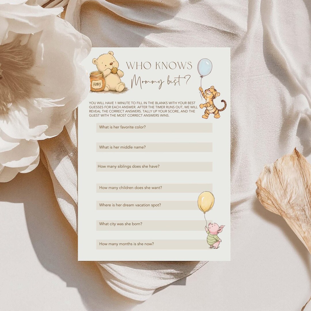 Winnie the Pooh Who Knows Mommy Best Baby Shower Game Editable Classic ...