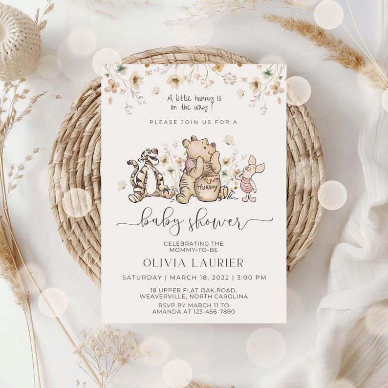 Winnie-the-Pooh BABY SHOWER Invitation, Editable Classic Winnie Pooh Canva Template