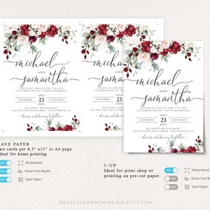 Burgundy Wedding Invitation Set, Editable Burgundy Rose Wedding , Wedding Invitation Template, Floral Invitation, Rustic Wedding BUR image 7