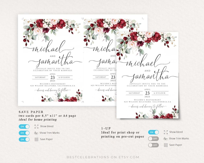 Burgundy Wedding Invitation Set, Editable Burgundy Rose Wedding , Wedding Invitation Template, Floral Invitation, Rustic Wedding BUR image 7