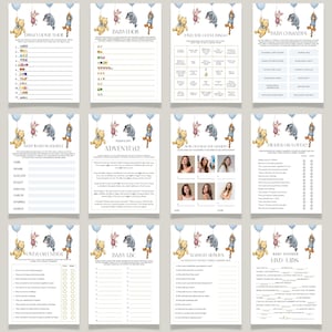 May include: A collection of baby shower game printables featuring Winnie the Pooh characters. Each sheet has a different game, with titles like "Disney Movie Home," "Baby Word Scramble," and "Baby Charades." The games are decorated with blue balloons.
