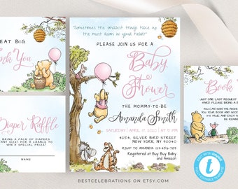 Editable Winnie the Pooh Baby Shower Invitation,  Editable Thank You Card, Diaper Raffle, Book Request,  Editable Templett , Pink, #PWTP
