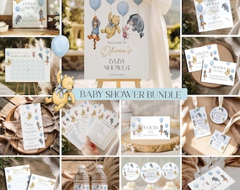 Winnie-the-Pooh Baby Shower Bundle, Blue Balloon Classic Pooh Shower Canva Template, Instant Download