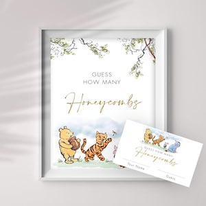 Letrero y tarjeta de juego de cuántos panales EDITABLE, letrero clásico de Winnie The Pooh, letrero de mesa imprimible, decoraciones de letreros para fiestas, usted imprime, CWG