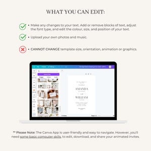 Op de afbeelding: Een screenshot van een computerscherm waarop de Canva-app wordt weergegeven. De app wordt gebruikt om geanimeerde huwelijksuitnodigingen te maken. Het scherm toont een huwelijksuitnodigingstemplate met de namen Amanda en William. De tekst op het scherm luidt "The Night Before Wedding Extra (DONE) 180x135".