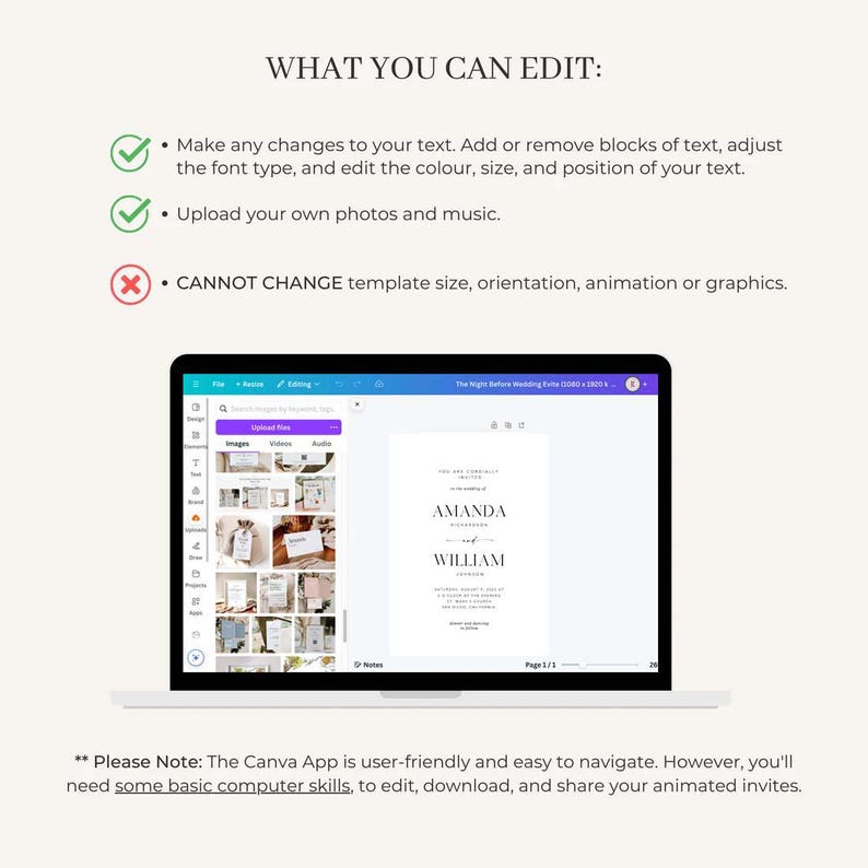 Op de afbeelding: Een screenshot van een computerscherm waarop de Canva-app wordt weergegeven. De app wordt gebruikt om geanimeerde huwelijksuitnodigingen te maken. Het scherm toont een huwelijksuitnodigingstemplate met de namen Amanda en William. De tekst op het scherm luidt "The Night Before Wedding Extra (DONE) 180x135".