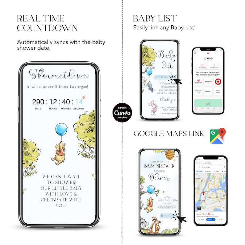 Winnie Baby Shower Boy Invite with Trackable RSVP Page, Winnie the Pooh Balloon Bear Digital Web Invitation, Editable Canva Template