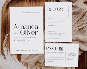 Minimalist Wedding Invitation Suite: Modern QR Code Canva Template (Digital Download)