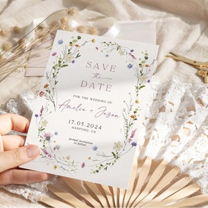 Faire-part réservez la date de fleurs sauvages, shower de mariage été printemps, modèle de fleurs des champs, cottage floral, modèle CANVA modifiable TNY