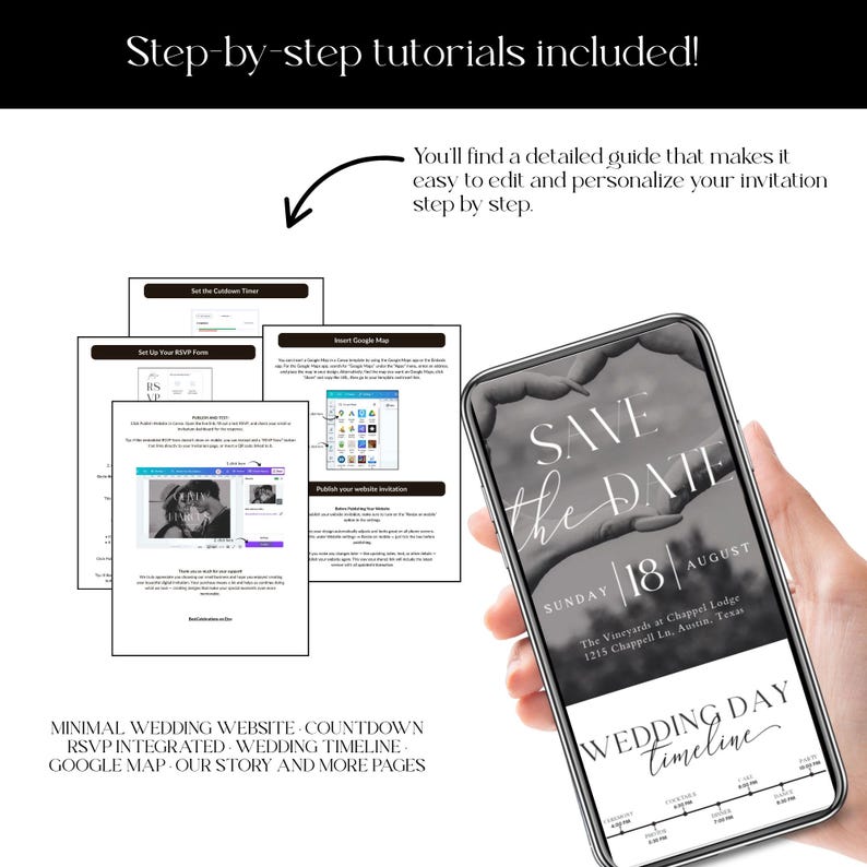 Minimalist Wedding Website Template, Wedding Web Invitation, Trackable RSVP, Countdown Timer, Interactive Map, Editable Canva Template