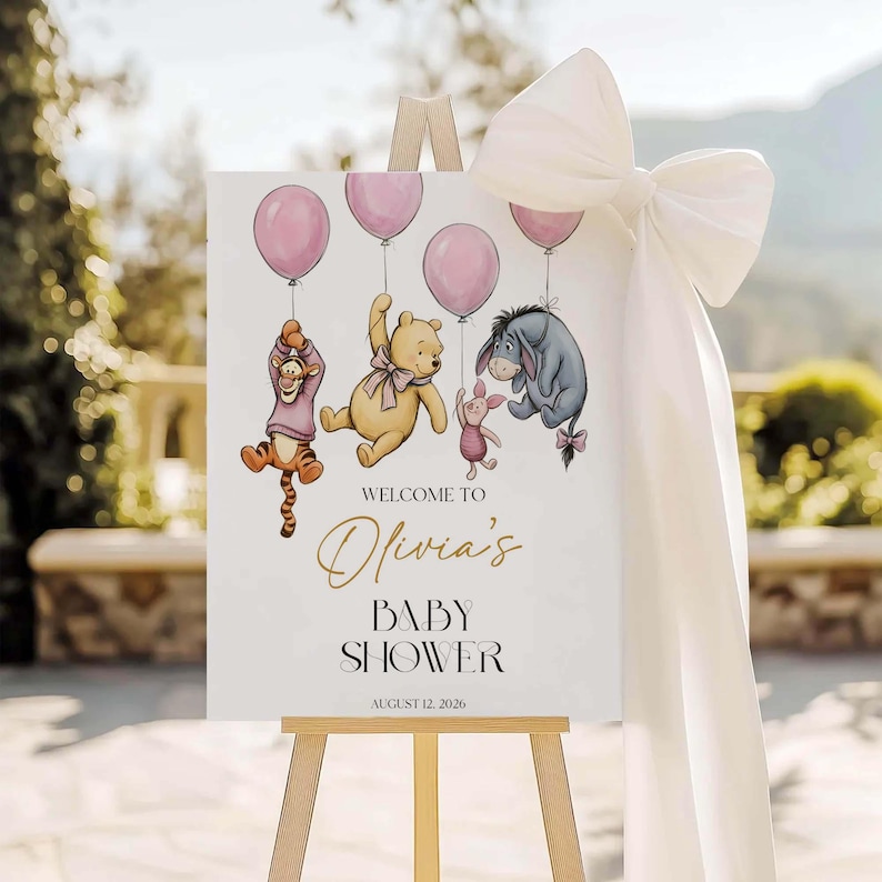 Cartello di benvenuto per baby shower a tema Winnie the Pooh, poster con orsetto e palloncino rosa, modello Canva modificabile immagine 1