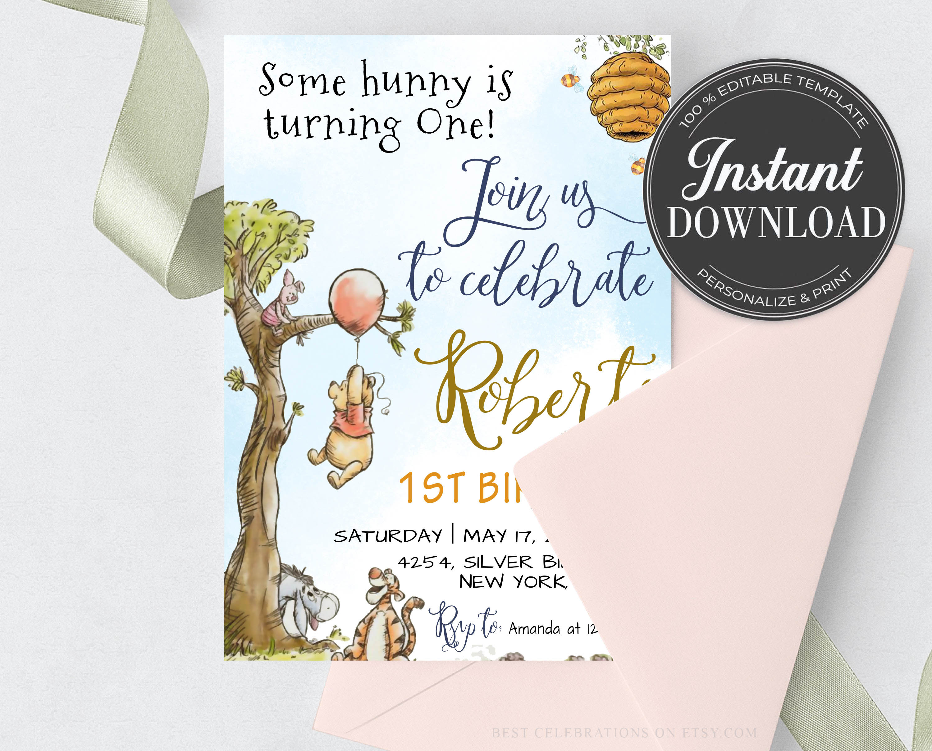 Winnie the Pooh Invitation Winnie the Pooh Birthday Etsy