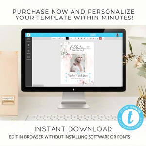 May include: A computer screen displaying a template for a memorial card with a floral design and a photo placeholder. The text "Celebrating the Life of" is at the top of the card. The text "Instant Download" is displayed below the computer screen. The text "Edit in browser without installing software or fonts" is displayed below the text "Instant Download".