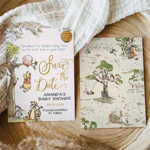 Winnie Pooh Save The Date Card Bearbeitbar Printable Winnie The Pooh Red Balloon Babyparty Sparen Sie unsere Datumskarte Canva Template #RWP