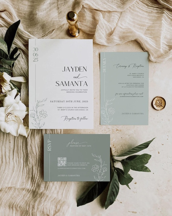 Sage Green Wedding Invitation Set: Minimalist Botanical Design (Canva Template, Digital Download