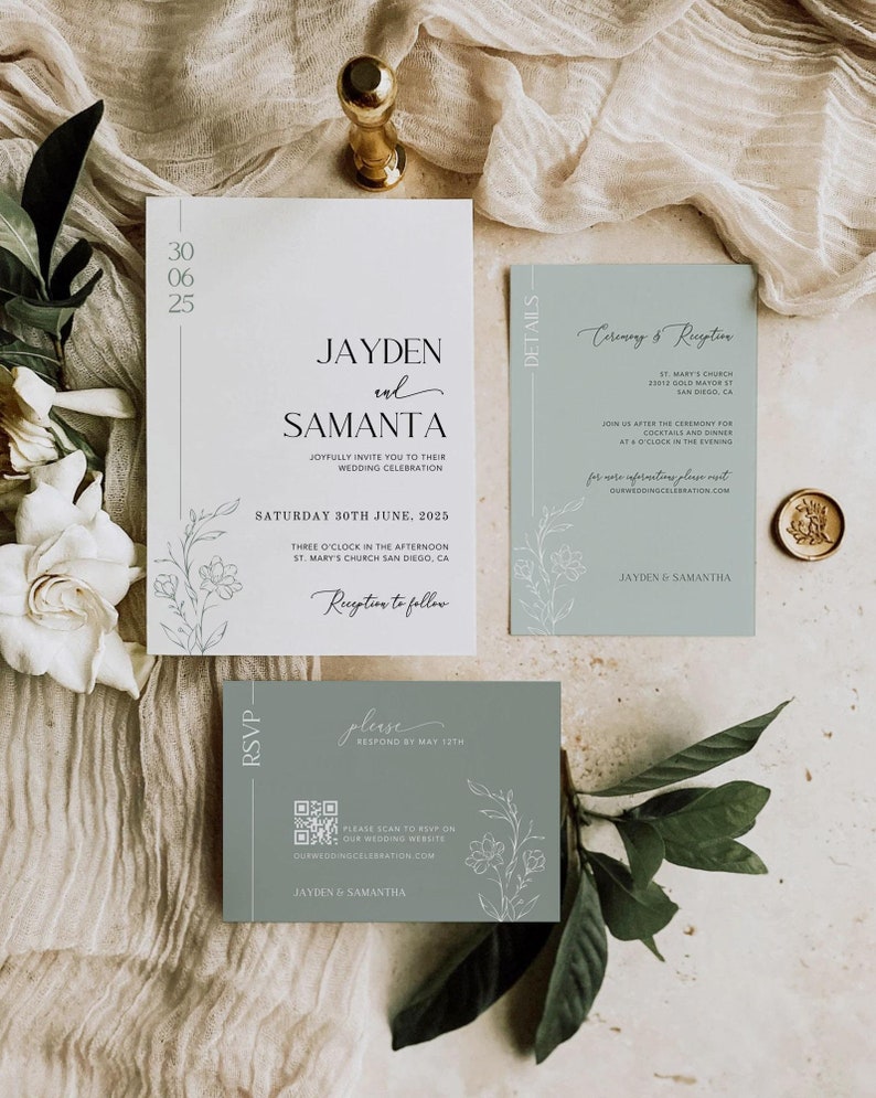 Sage Green Wedding Invite with QR RSVP Minimalist Wedding Bundle Printable Editable Botanical Wedding Bundle Canva Template