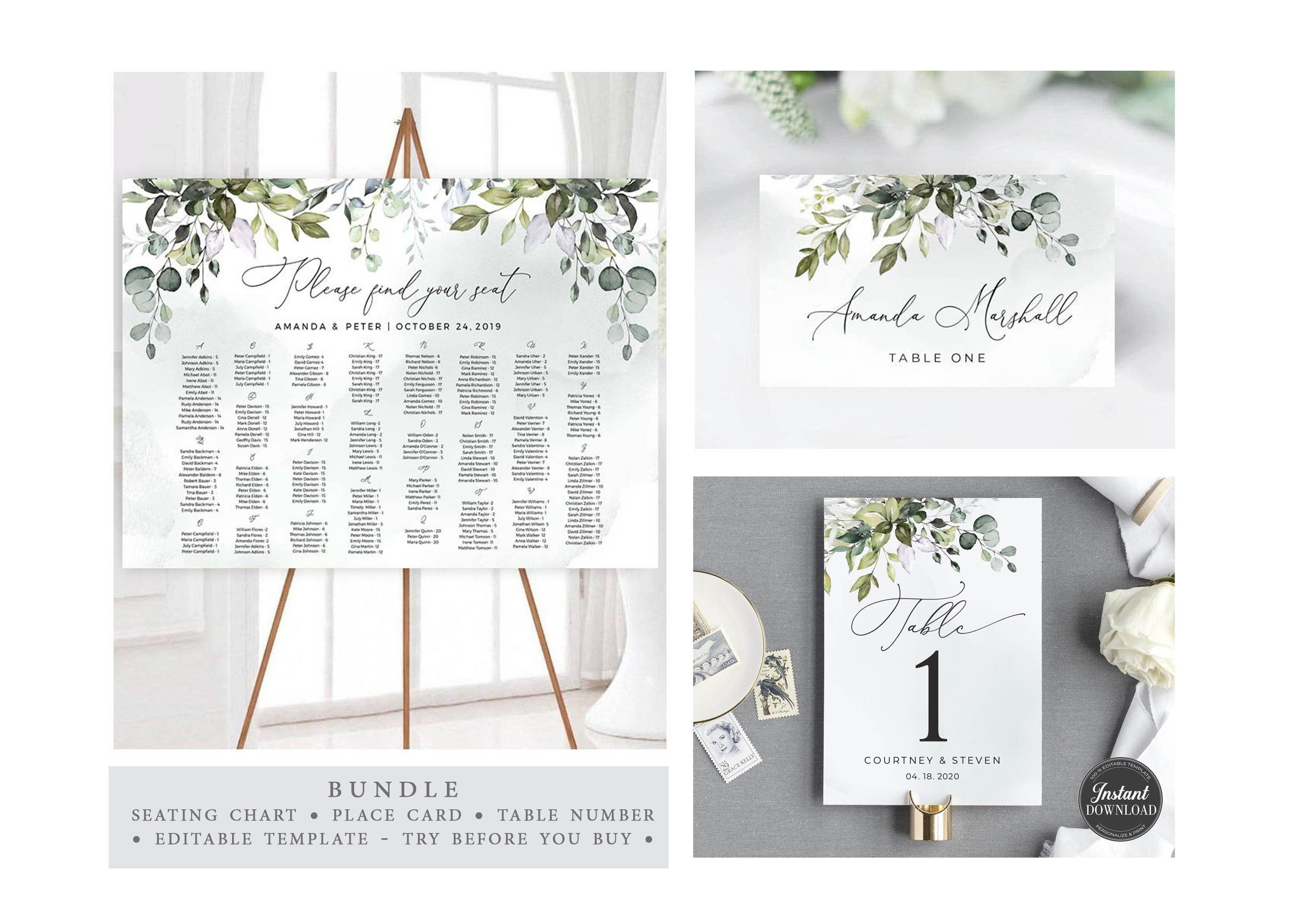 Bundle Alphabetical Seating Chart, Place Card, Table Number, Set of 3,  Editable Templates, Elegant Seating Chart Board, Templett BW1 -  Norway