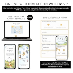 May include: A digital invitation template with an embedded RSVP form. The image shows a laptop and two smartphones displaying the invitation design. The invitation features a Winnie the Pooh theme with blue balloons and honey accents.
