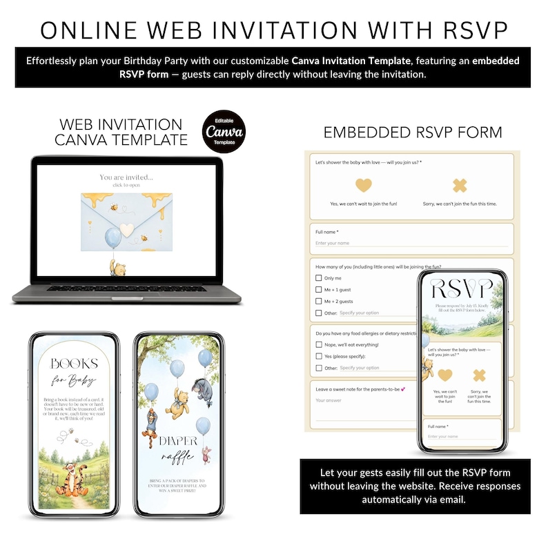 May include: A digital invitation template with an embedded RSVP form. The image shows a laptop and two smartphones displaying the invitation design. The invitation features a Winnie the Pooh theme with blue balloons and honey accents.