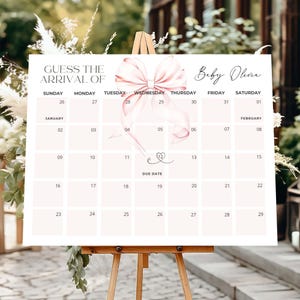 Rosa Schleife Baby Shower Fälligkeit Datum Zeichen bearbeitbar Baby Ankunft Spiel druckbare Mädchen Geburtsdatum Canva Vorlage Digital Sofort Download BOWB