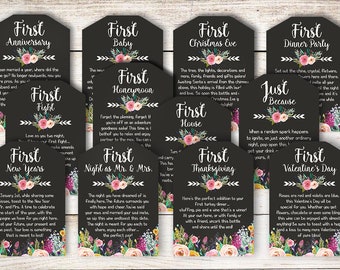 Marriage Milestone Wine Basket Tags - A year of first - Wine Gift Basket Tags - Bridal Shower Gift - Wedding Gift - Rustic Wine Label