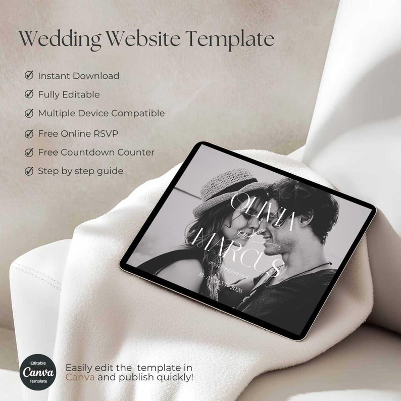 Minimalist Wedding Website Template, Wedding Web Invitation, Trackable RSVP, Countdown Timer, Interactive Map, Editable Canva Template