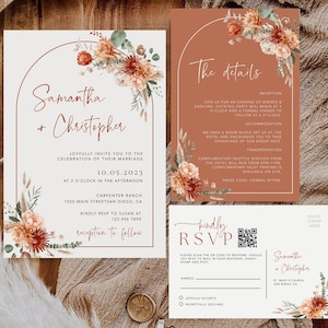 Terracotta Wedding Invitation With QR Code , Boho Floral Arch Invitation Bundle, Rustic Editable Wedding Template Deatails and Rsvp #MARELLA