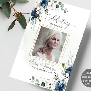 Floral Funeral Program Template: Navy Blue Celebration of Life (Digital Download)
