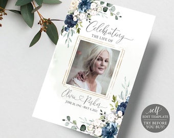 Floral Funeral Program Template: Navy Blue Celebration of Life (Digital Download)