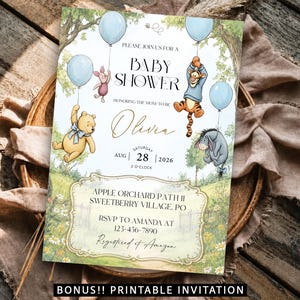 May include: A baby shower invitation featuring Winnie the Pooh characters, blue balloons, and the text "Baby Shower." The invitation includes the name "Olivia," date, time, and RSVP information. The bottom of the invitation reads "BONUS!! PRINTABLE INVITATION."