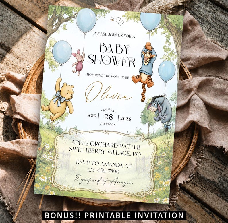 May include: A baby shower invitation featuring Winnie the Pooh characters, blue balloons, and the text "Baby Shower." The invitation includes the name "Olivia," date, time, and RSVP information. The bottom of the invitation reads "BONUS!! PRINTABLE INVITATION."