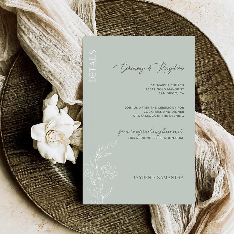 May include: A light green wedding invitation card with details for the ceremony and reception at St. Mary's Church in San Diego, California. The card includes the time and date of the event, as well as the website for more information. The card is decorated with a simple floral design.