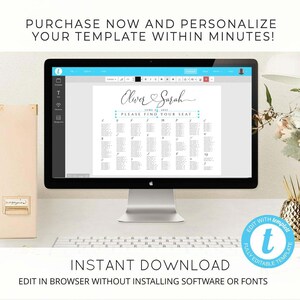 May include: A computer screen displaying a wedding seating chart template with the names "Oliver & Sarah" and the date "June 25, 2021". The template is editable and can be personalized with names, tables, and guest information. The text "PLEASE FIND YOUR SEAT" is displayed above the seating chart. The text "INSTANT DOWNLOAD" is displayed below the screen. The text "EDIT IN BROWSER WITHOUT INSTALLING SOFTWARE OR FONTS" is displayed below the "INSTANT DOWNLOAD" text.