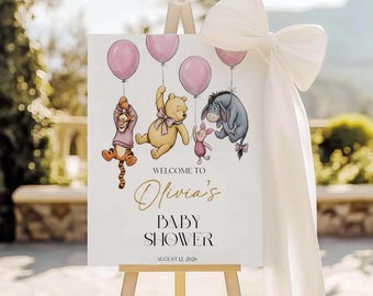 Winnie The Pooh Baby Shower Welcome Sign, Pink Balloon Bear Poster, Editable Canva Template