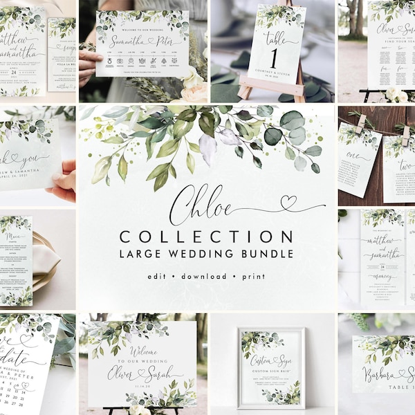 CHLOE Collection - Eucalyptus Wedding Template Kit, Greenery Wedding Stationery Bundle, Wedding Invitation Set, Invitation Template Set